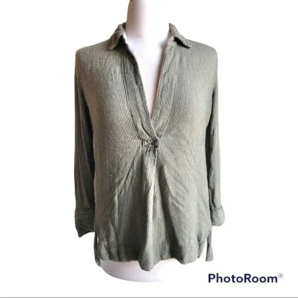 Free people soft pop over hi low green striped collared top small - Picture 1 of 7